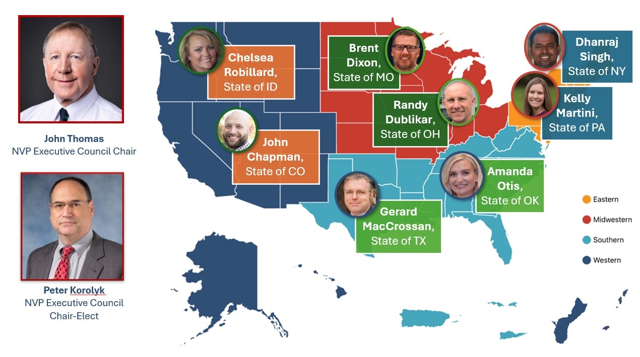 Map of the United States of America show the NASPO ValuePoint Executive Council Members by Region.