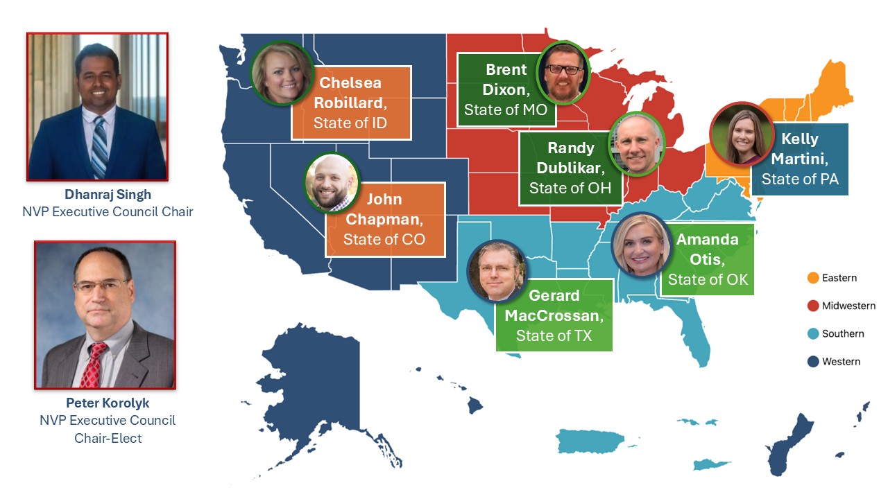 Map of the United States of America show the NASPO ValuePoint Executive Council Members by Region.