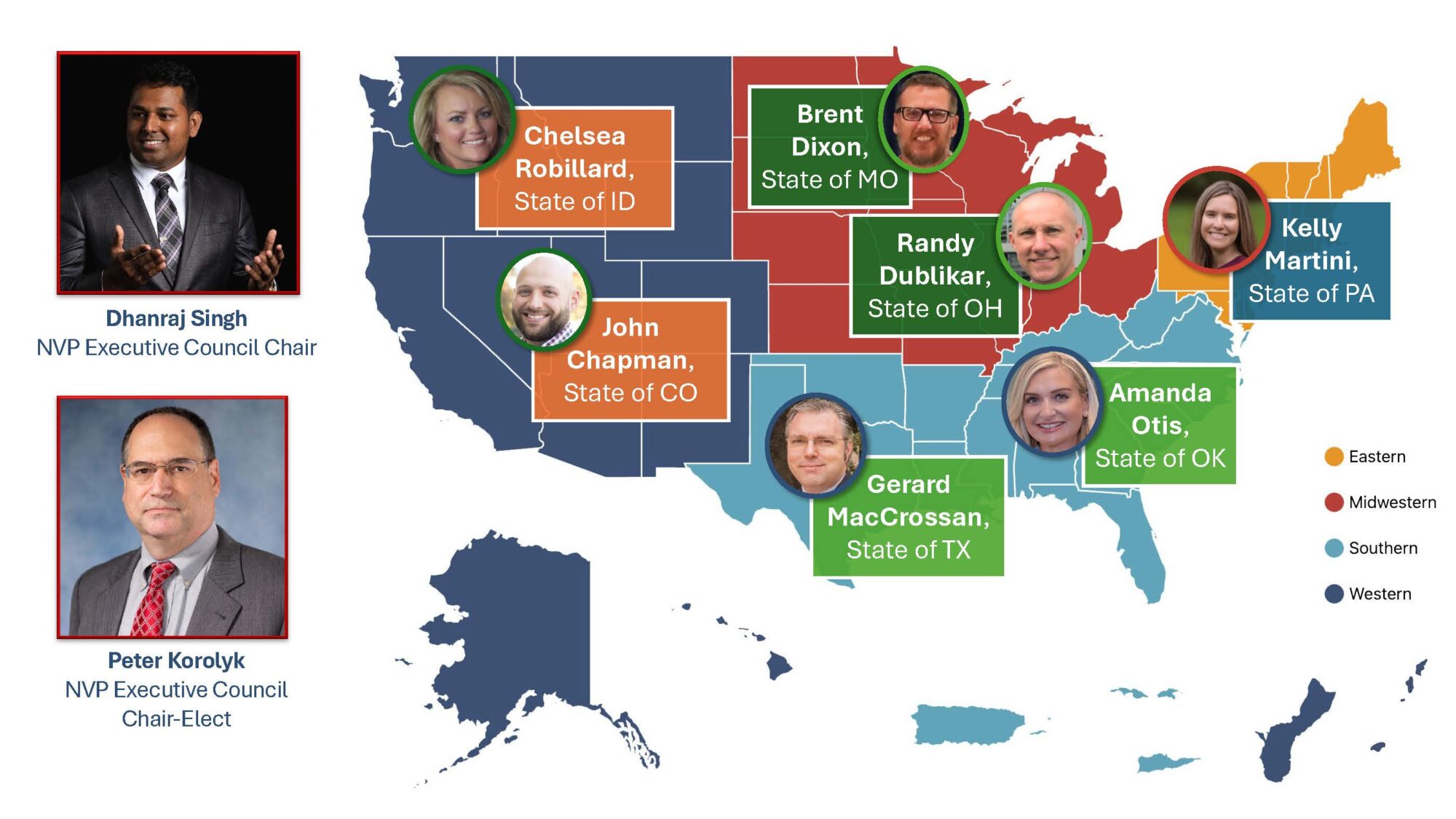 Map of the United States of America show the NASPO ValuePoint Executive Council Members by Region.